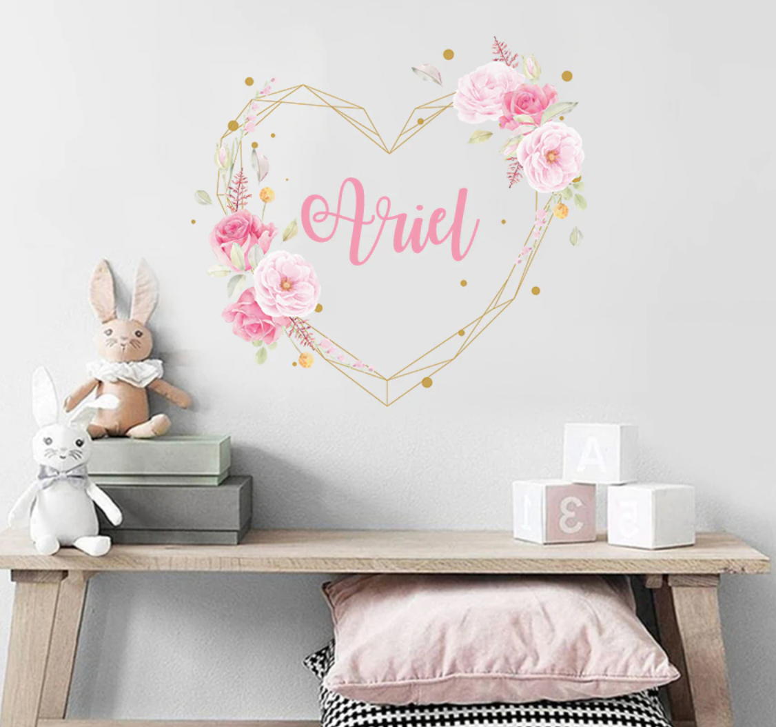 Custom Name Wall Decal, Floral Peony flower decal, Peel and stick wallpaper, Girl wall decal, Nursery Wall Art, Kids room décor, Wall name