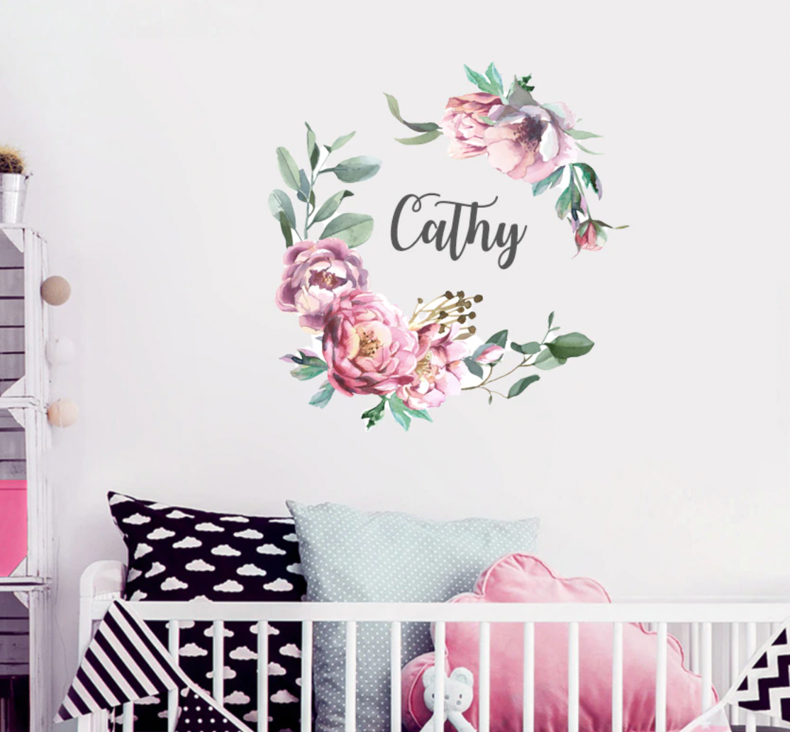 Custom Name Wall Decal, Floral Peony flower decal, Peel and stick wallpaper, Girl wall decal, Nursery Wall Art, Kids room décor, Wall name