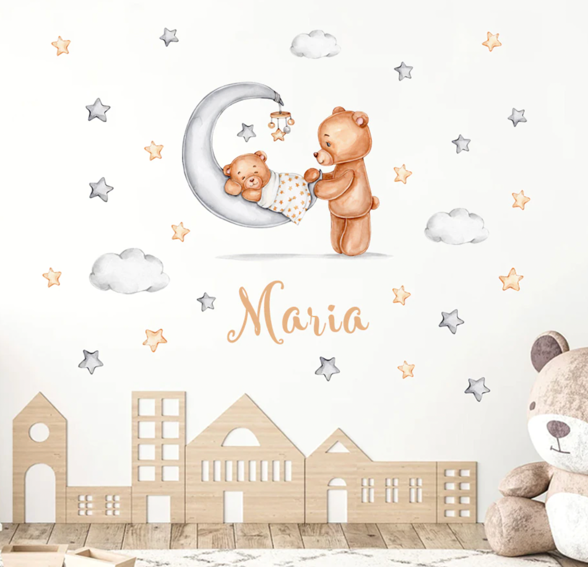 Cute Teddy Bear and Stars Custom Wall Sticker, Peel and stick wallpaper, Boy Girl wall decal, Nursery Wall Decal, Kids room décor, Wall name