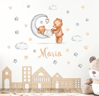 Cute Teddy Bear and Stars Custom Wall Sticker, Peel and stick wallpaper, Boy Girl wall decal, Nursery Wall Decal, Kids room décor, Wall name