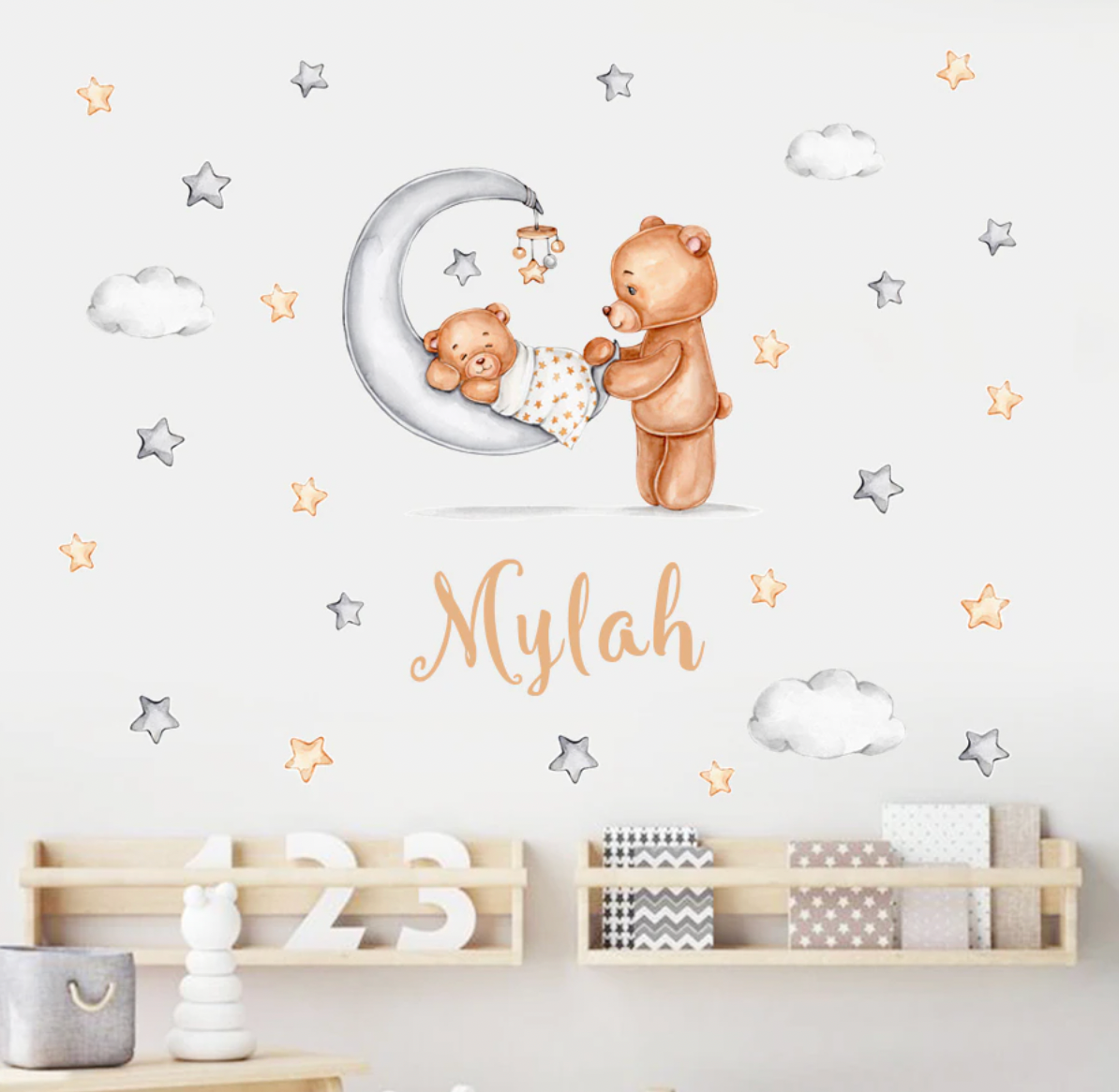 Cute Teddy Bear and Stars Custom Wall Sticker, Peel and stick wallpaper, Boy Girl wall decal, Nursery Wall Decal, Kids room décor, Wall name