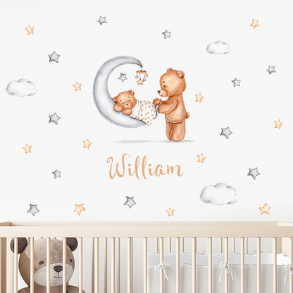 Cute Teddy Bear and Stars Custom Wall Sticker, Peel and stick wallpaper, Boy Girl wall decal, Nursery Wall Decal, Kids room décor, Wall name