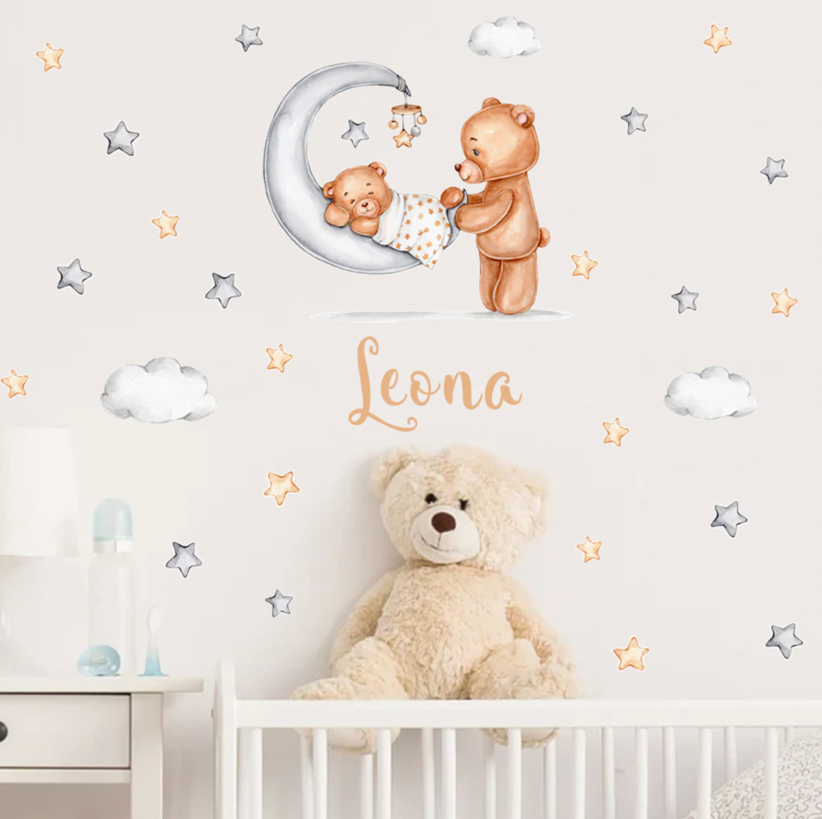 Cute Teddy Bear and Stars Custom Wall Sticker, Peel and stick wallpaper, Boy Girl wall decal, Nursery Wall Decal, Kids room décor, Wall name