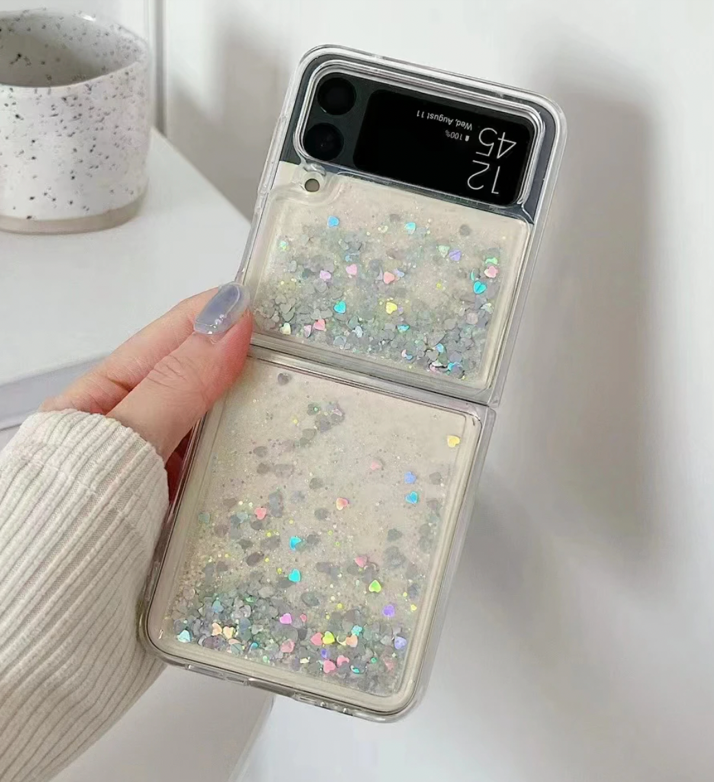 Liquid Phone Case for Samsung Z Flip 6, Glitter Bling Quicksand Heart Phone Case, Folding screen Phone case, Samsung Z Flip 5 4 3 2 1 case