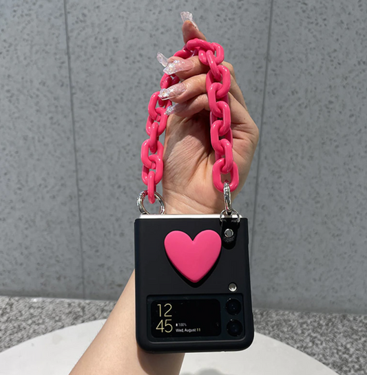 Pink Heart wrist chain phone case for Samsung Z Flip 3 Z Flip 4 Z Flip 5 6, Folding screen Phone case, Samsung Z Flip 3 4 5 6 case