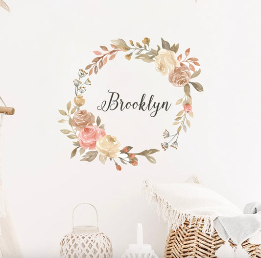 Custom Name Wall Decal, Floral Wreath Foliage flower decal, Peel and stick wallpaper, Nursery Wall Art, Kids room décor, Wall name