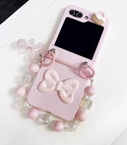 Cute Pink Bow Heart wrist strap phone case for Samsung Z Flip 5 Z Flip 6, Folding screen Phone case, Samsung Z Flip 3 4 5 6 case