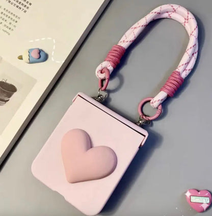 Cute Pink Bow Heart wrist strap phone case for Samsung Z Flip 5 Z Flip 6, Folding screen Phone case, Samsung Z Flip 3 4 5 6 case