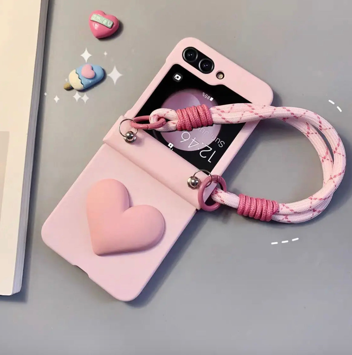 Cute Pink Bow Heart wrist strap phone case for Samsung Z Flip 5 Z Flip 6, Folding screen Phone case, Samsung Z Flip 3 4 5 6 case