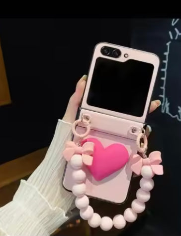 Cute Pink Bow Heart wrist strap phone case for Samsung Z Flip 5 Z Flip 6, Folding screen Phone case, Samsung Z Flip 3 4 5 6 case