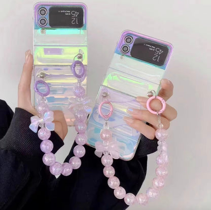 Holographic Rainbow Laser Gradient Cute Case for Oppo Find N2 N3 Flip, Wrist strap phone case for Oppo N2 Find Flip phone case