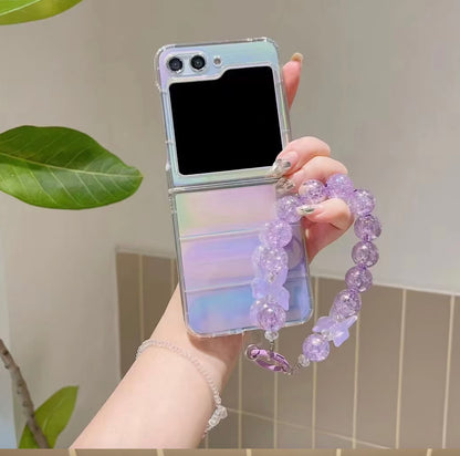 Holographic Rainbow Laser Gradient Cute Case for Oppo Find N2 N3 Flip, Wrist strap phone case for Oppo N2 Find Flip phone case