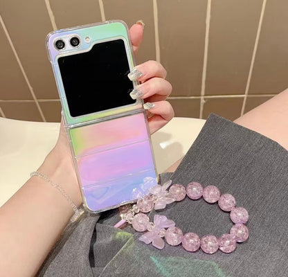 Holographic Rainbow Laser Gradient Cute Case for Oppo Find N2 N3 Flip, Wrist strap phone case for Oppo N2 Find Flip phone case